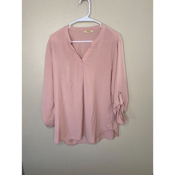 Timeson Womens Pink V-Neck Blouse Medium Long Roll-Up Sleeves 100% Polyester - Picture 1 of 7